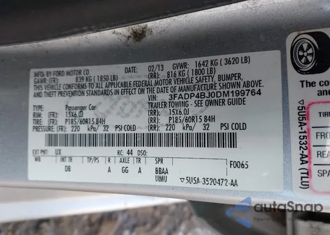 2013 Ford Fiesta Se из США, поврежденный, VIN 3FADP4BJ0DM199764